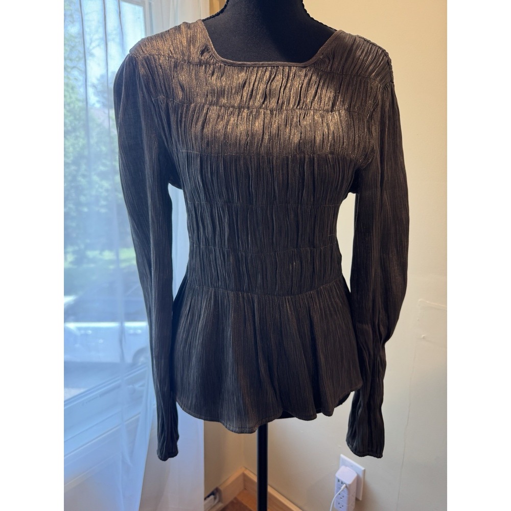 Sewn+Scene Gold Crinkle Pleated Tie-Back Peplum Long Sleeve Blouse M